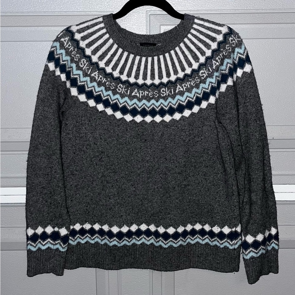 Talbots Sweater Gray Fair Isle Apres Ski Knit Crewneck Wool Blend Size Small EUC